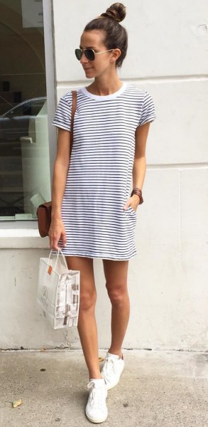 horizontal striped t-shirt dress white canvas shoes