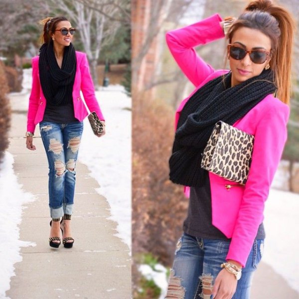 pink blazer with leopard print clutch and ripped jeans