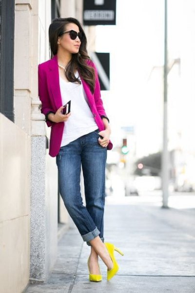 pink blazer with white blouse and yellow heels