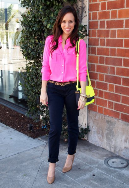 pink blouse with black, short cut chinos