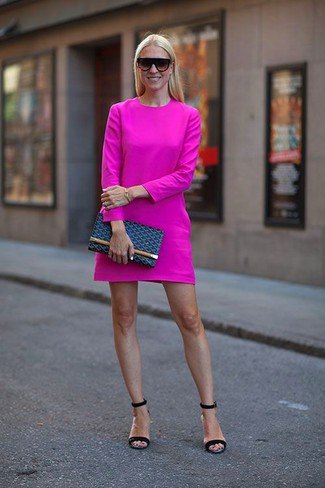 Pink long-sleeved mini dress with dark blue sandals