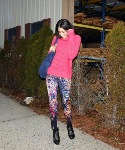 Hot Pink Mock Neck Chunky Knit Sweater with Painted Jeans
