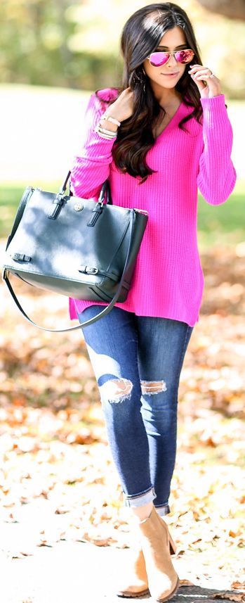 15 bright sweater outfit ideas for fall and winter | Hot pink .