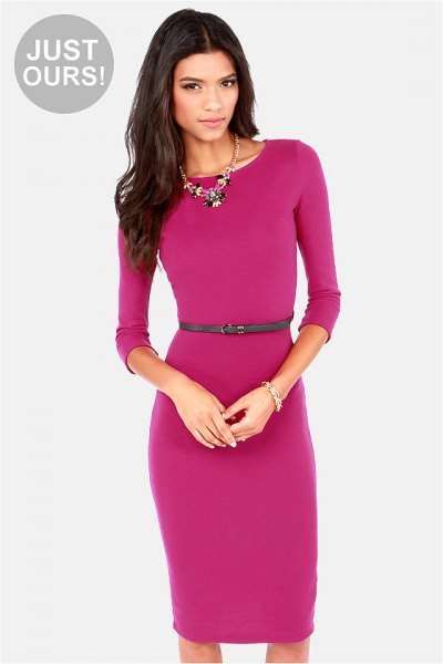 pink midi dress with three-quarter sleeves and belt