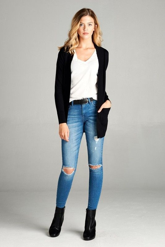 Black Cardigan with Pockets | Black cardigan outfit, Casual winter .
