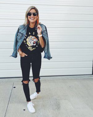 Jeans and graphic tee, jean jacket, fall outfit, black jeans and .