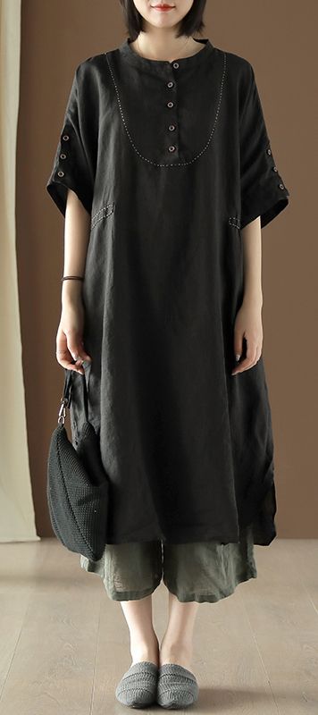 Style black linen dress o neck side open Vestidos De Lino summer .