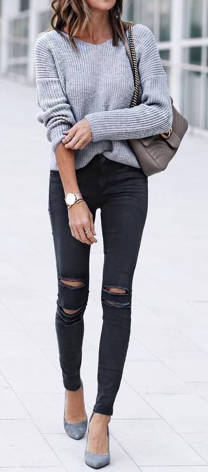 summer outfits Grey Knit + Black Ripped Skinny Jeans #mode .