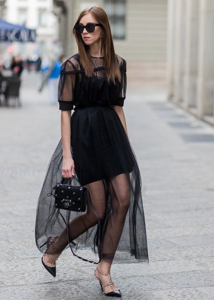Street Style Guide To Wearing Black This Summer—Sheer shoulder .