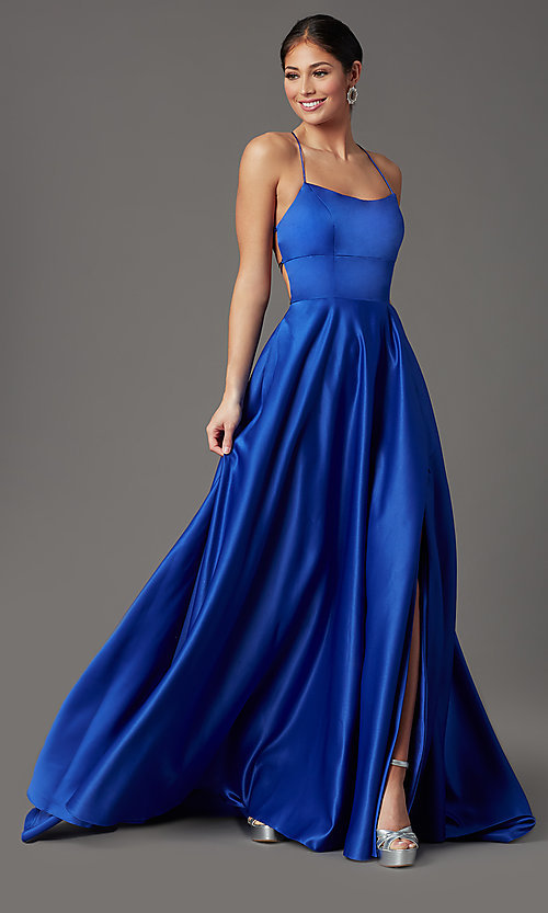 Royal Blue Long Corset-Back Prom Dress with Pocke