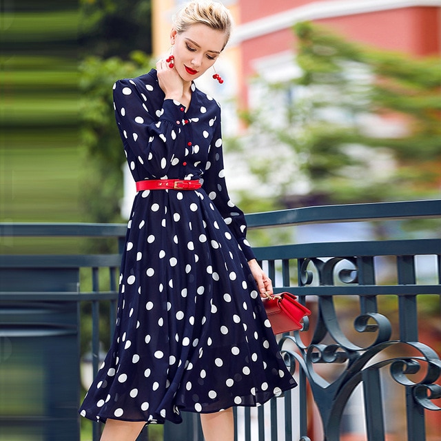 blue polka dot dress outfit > Factory Sto