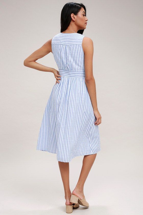 Nautical Lights Blue and White Striped Button-Front Midi Dress .