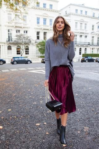 Burgundy Velvet Pleated Midi Skirt in 2020 | Pleated skirt outfit .