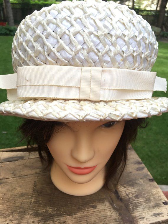 Vintage Straw Ladies Hat with Ribbon Formal Party Church Hat .