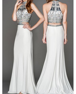 Shop Prom Dress Miami, Crop Top Style Evening Dress, White Beaded .