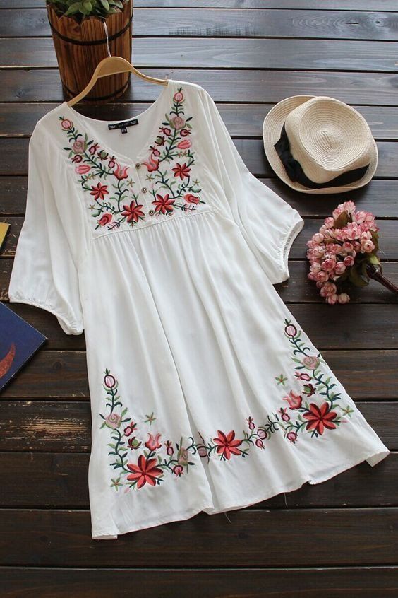 Embroidered Flora Vintage Style Boho Chic Peasant Dress One Size .