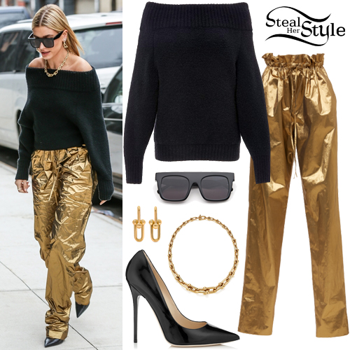 Hailey Baldwin: Off-Shoulder Sweater, Gold Pants | Steal Her Sty