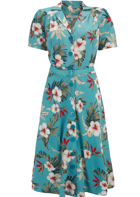 Shirtwaister Dress in Teal Hawaiian Print, Perfect 1950s Style .