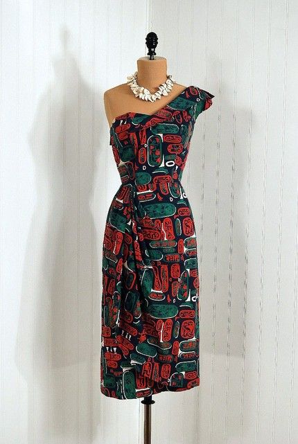 vintage one shoulder tiki print dress, not sure if it's an Alfred .