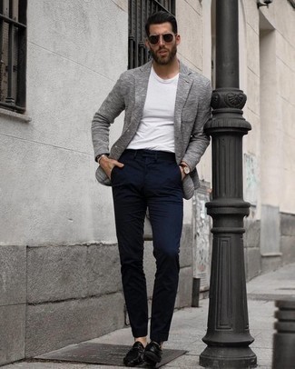 Grey Knit Blazer with Black Leather Loafers Outfits For Men (4 .