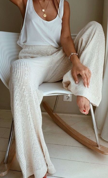 Knitted trousers. all hite. #style | Fashion, Comfy pants, Summer .
