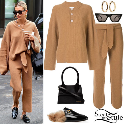 Hailey Baldwin: Camel Knit Sweater and Pants | Steal Her Sty
