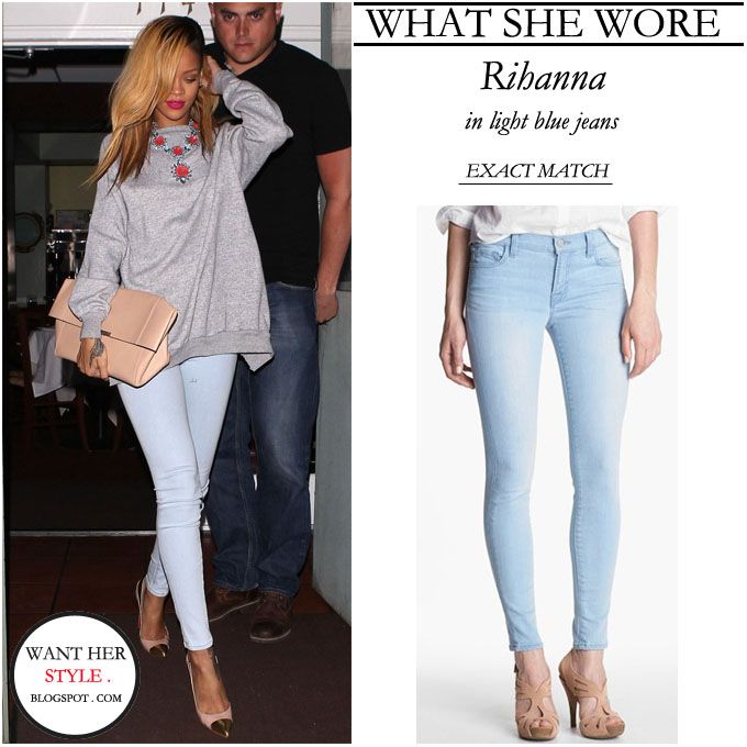 WHAT SHE WORE: Rihanna in light blue skinny jeans in Santa Monica .