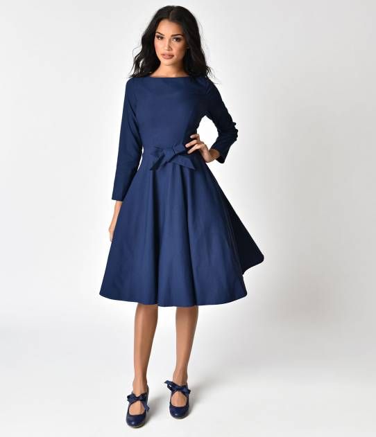 1940s Style Navy Blue Stretch Long Sleeve Swing Dress | Long .