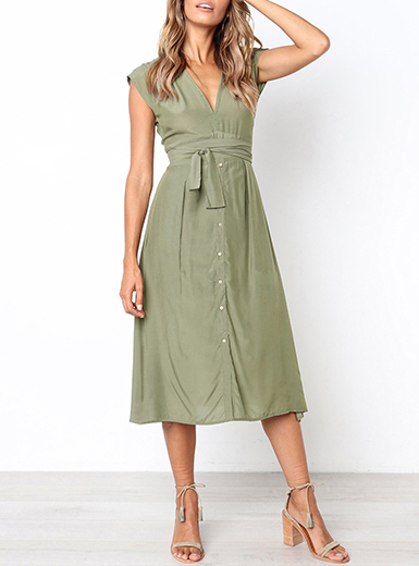 WMNS Casual Beck Style Midi Dress - Cap Sleeves / Tied Cinched .