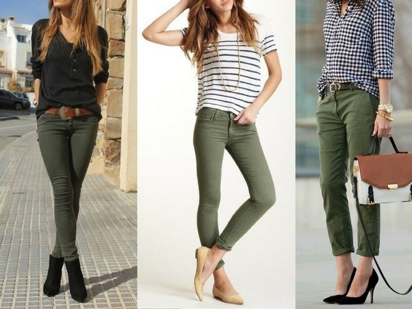 How best can you style an olive green pants with a women's top .