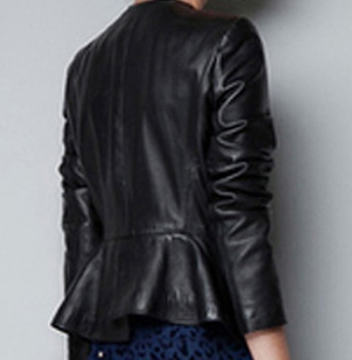 Women Collarless Ruffle Peplum Irregular Slim Fit Faux Leather .