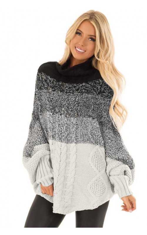 Black Ombre Thick Style Turtleneck Full Sleeve Regular Knit Poncho .