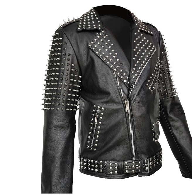 Men's Spike Studded Rock Star Punk Black Leather Jacket | HB .