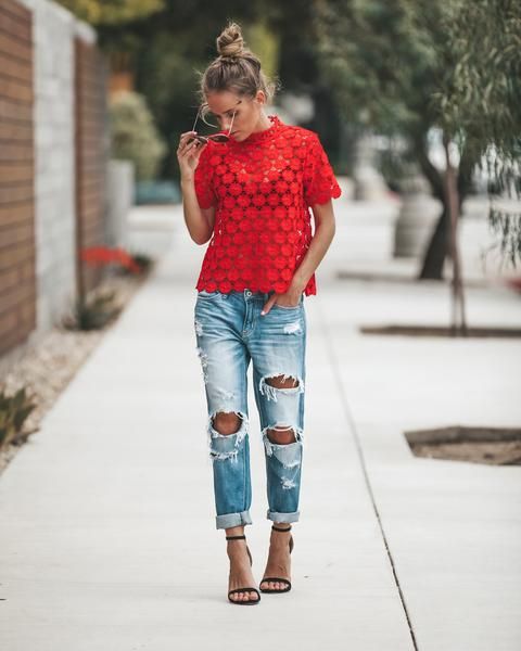 Josephine Crochet Top - Red | Lace shirt outfit, Red lace shirt .