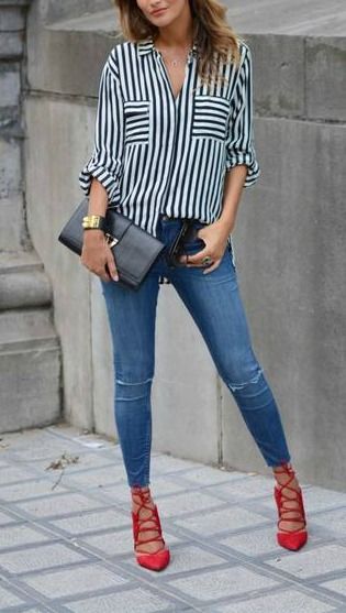 Stripes + red lace up heel. | Fashion, Red shoes outfit, Red heels .