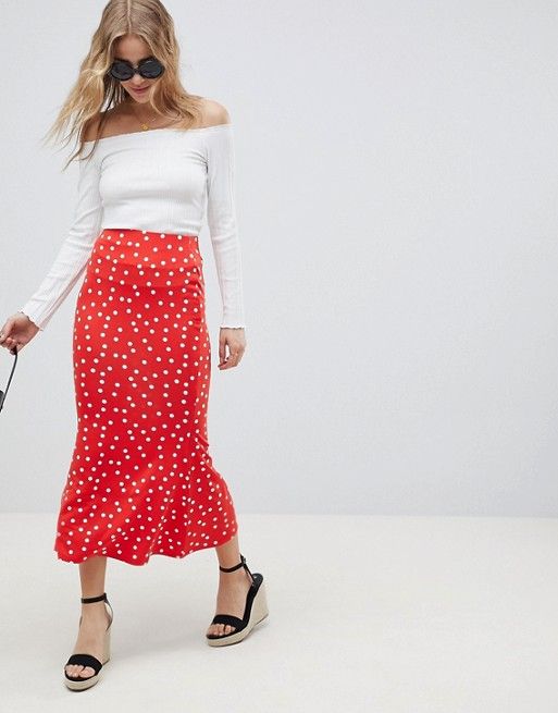ASOS | ASOS DESIGN midi skirt with kickflare in polka dot | Red .