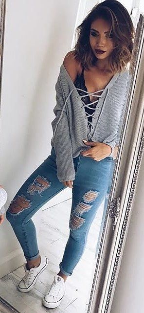 summer #outfits Grey Lace-up Top Ripped Skinny Jeans White .