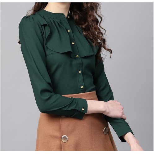 Polyester Mandarin Collar Women Green Ruffled Shirt Style Top, Rs .