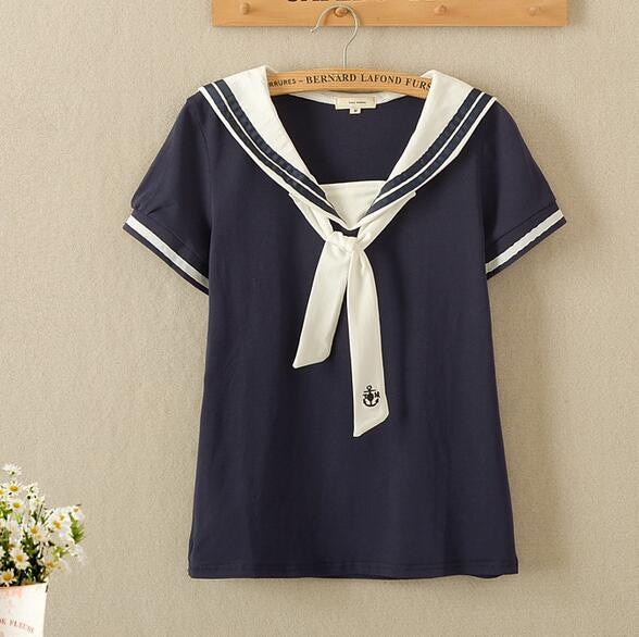 Mori girl small Fresh navy style anchor tie T shirt cotton .