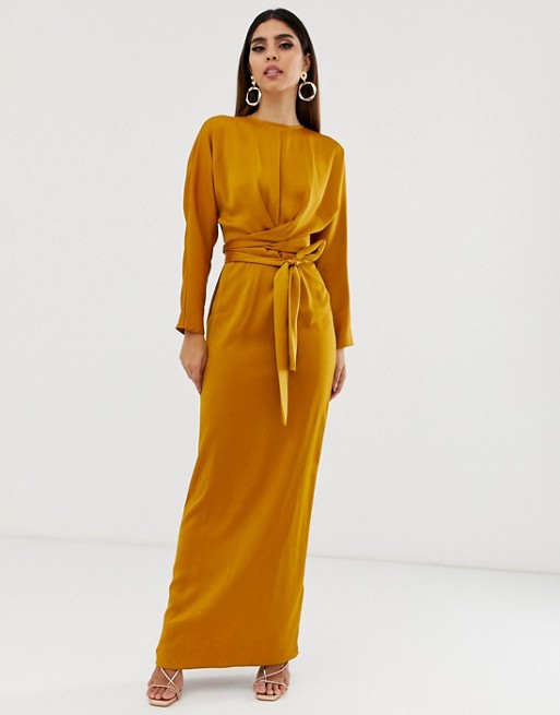 ASOS DESIGN maxi dress with batwing sleeve and wrap waist in satin .