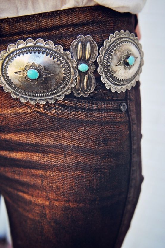Copper Jeans with a Western Style Silver and Turquoise Belt | ʝ .