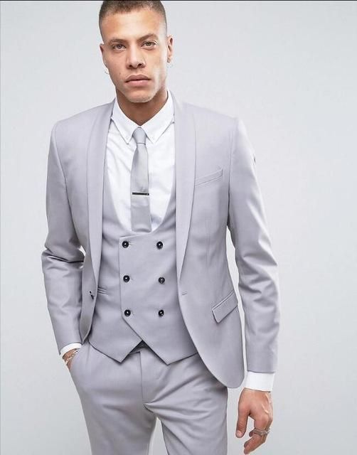 grey men suit formal slim fit blazer business prom suits style .