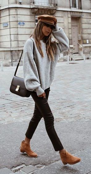 fall street style. knit top. denim. tan ankle boots. | Perfect .