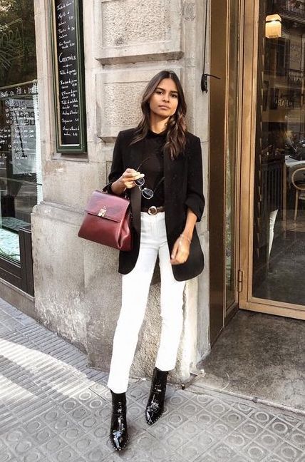 White cropped jeans, black ankle boots, black sweater, black .