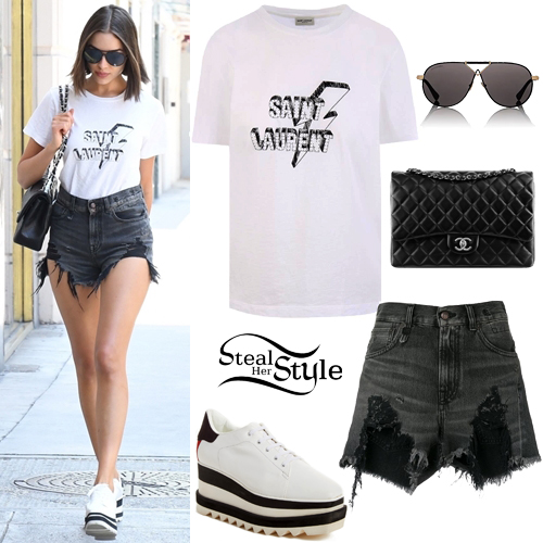 Olivia Culpo: White Graphic Tee, Destroyed Shorts | Steal Her Sty