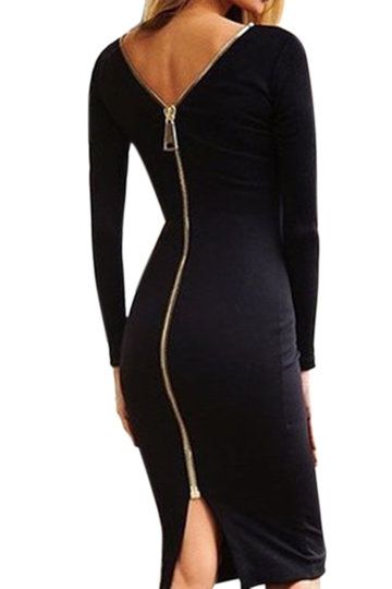 Black Long Sleeves Split Back Zip Body-con Midi Dress - US$10.99 .
