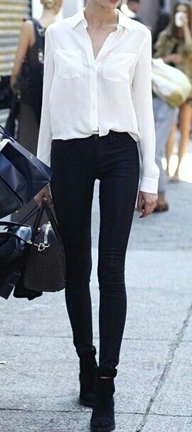 Street style | White blouse and black pants | Fashion, Street .