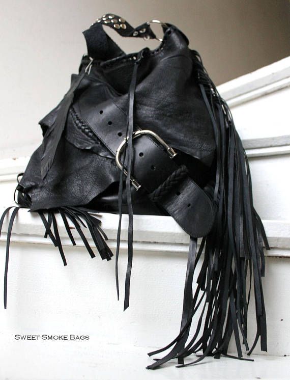 Black fringe studded hobo bag bohemian purse rocker purse | Raw .