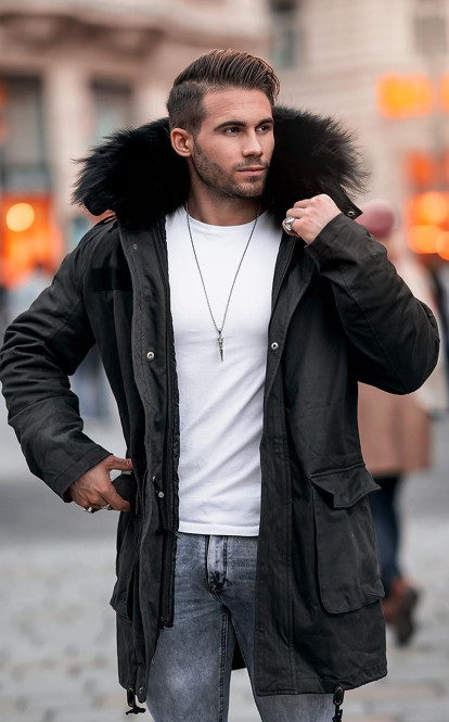 Men's Winter Style: Black Parka Jacket With Fur And Light Blue .