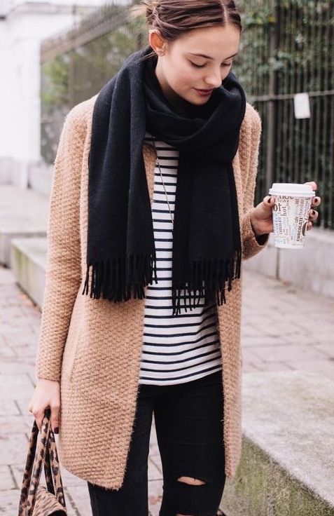 Black jeans black scarf jacket coat striped shirt top | Fashion .